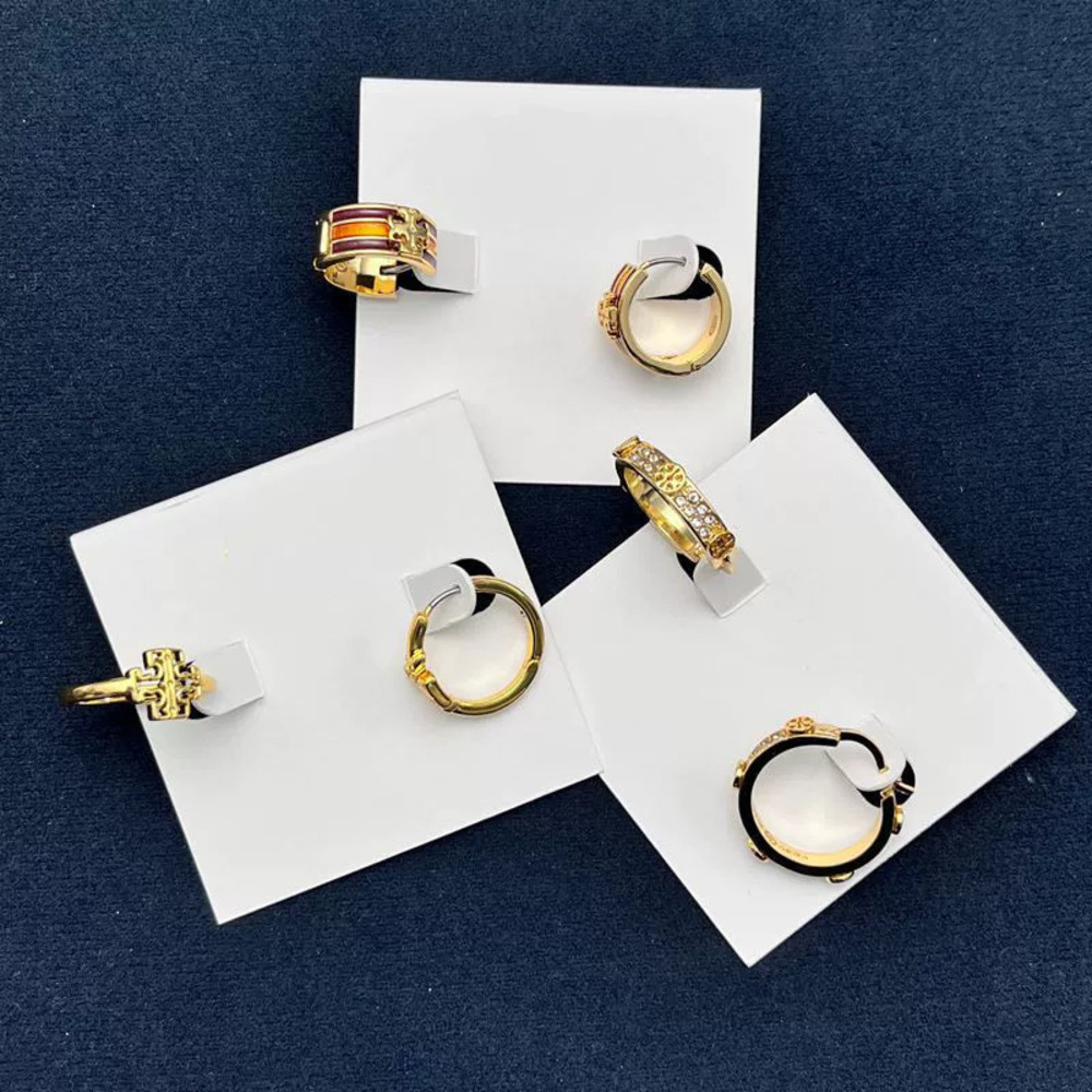 Tory Burch Gold Plated Copper Double Geometric Round Earrings Hollow Letter